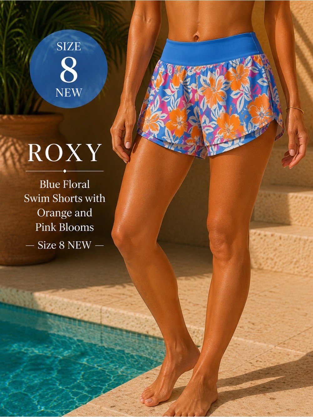 Roxy Blue Floral Swim Shorts with Orange and‎ Pink Blooms NEW S/8